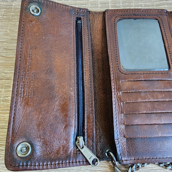 VINTAGE HARLEY DAVIDSON Motorcycle Tri Fold long Brown Leather Wallet & Chain - Picture 8 of 16
